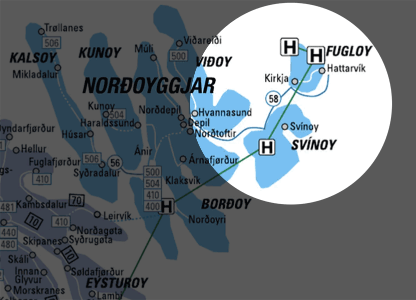 Map of the Norðoyggjar (Northern Isles) region showing the ferry route to the islands of Svínoy and Fugloy.