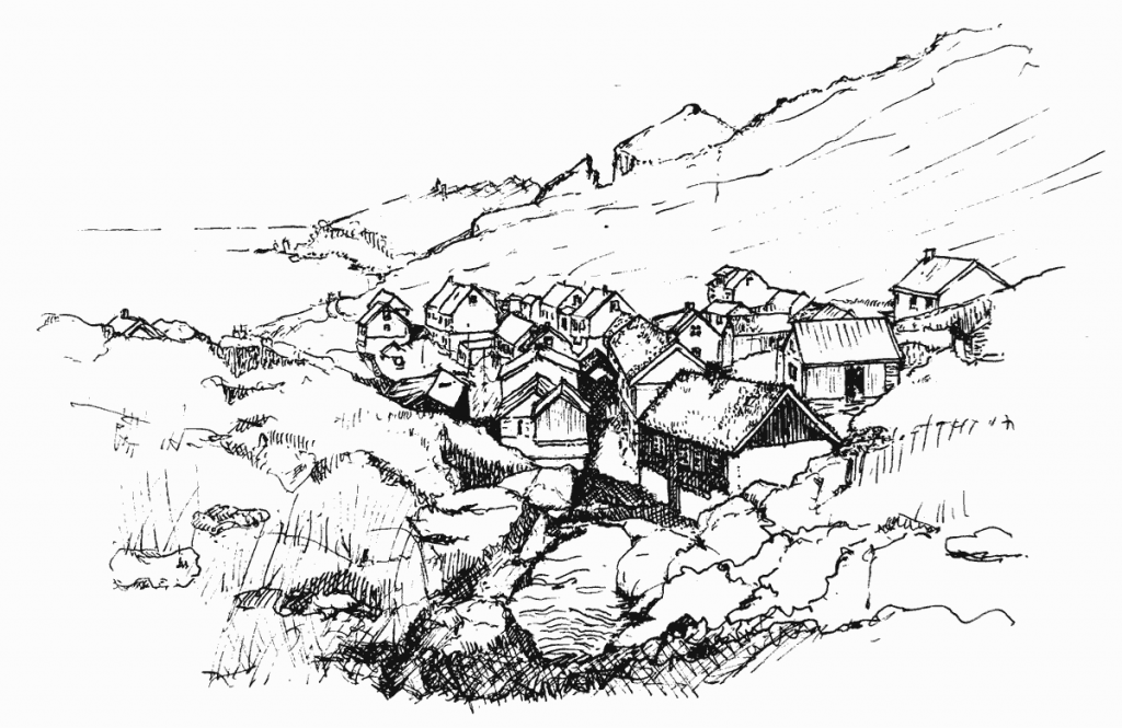 Illustration of the The village on Mykines, from The Land of Maybe book.