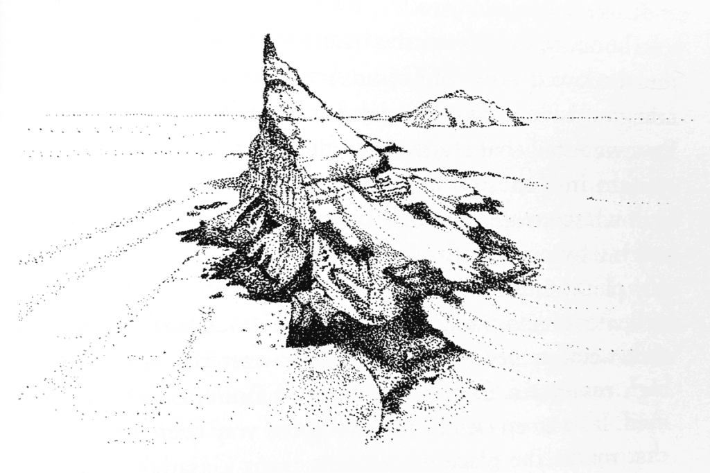 Illustration of the Tindhólmur islet, from The Land of Maybe book.