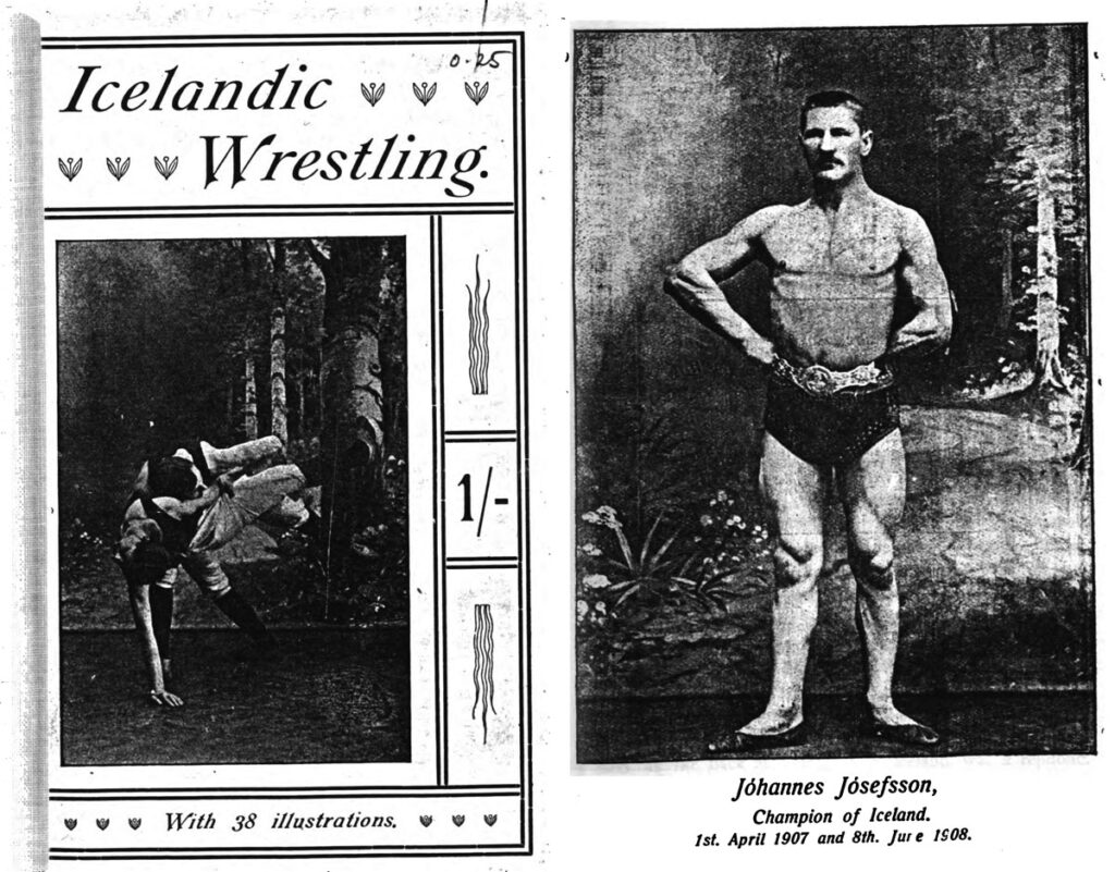 Cover and author photo of the book Icelandic Wrestling (1908), which showcases many glíma holds and techniques.