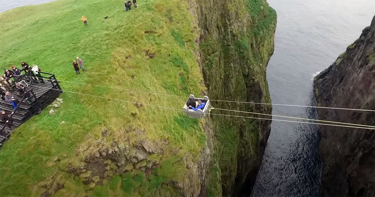 Sheep being transported in a cable car from a sea stack in the Faroe Islands