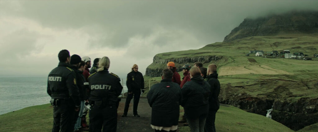 A scene from the TV show Trom near the village of Gásadalur.