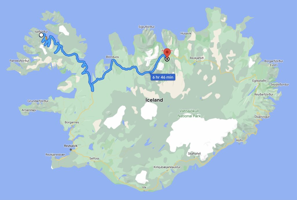 Google map showing the driving route from Ísafjörður to Akureyri.
